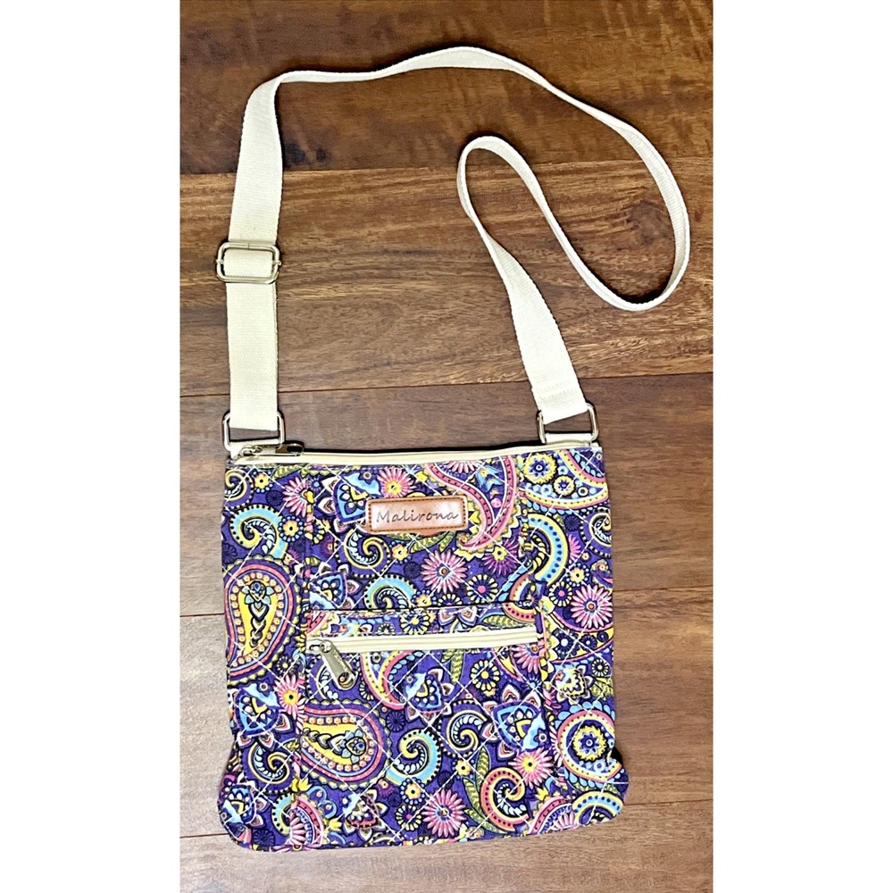 Malirona Crossbody Bag Canvas Messenger Satchel Purse Purple Floral Paisley NEW